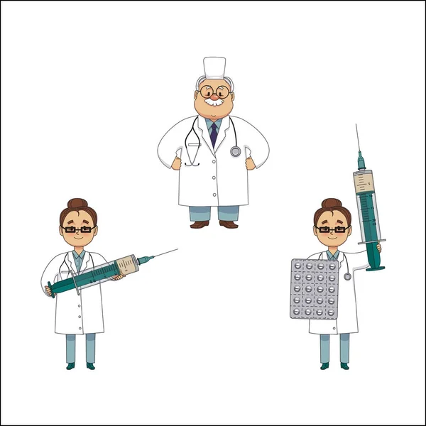Векторные плоские врачи с огромным шприцем, набор таблеток — стоковый вектор
