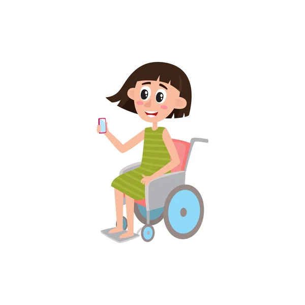 Jonge vrouw zitten in de rolstoel, met telefoon — Stockvector