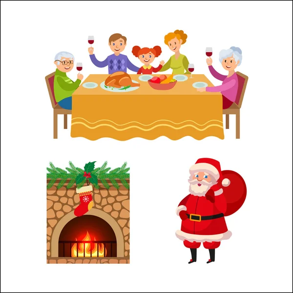 Familie kerstdiner, de schoorsteen en de Kerstman — Stockvector