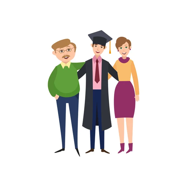 Studente laureato in piedi con i genitori orgogliosi — Vettoriale Stock