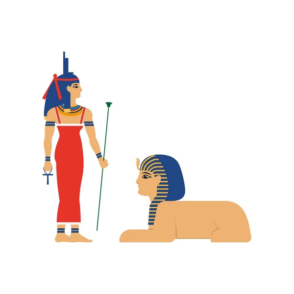 Vecteur plat Isis egypt goddes et sphinx — Image vectorielle