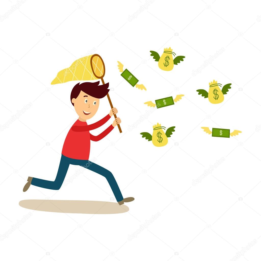 Man running after flying money with butterfly net