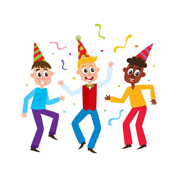 Διάνυσμα επίπεδη αγόρια παιδιά χορεύουν στο κόμμα καπέλο — Διανυσματικό Αρχείο