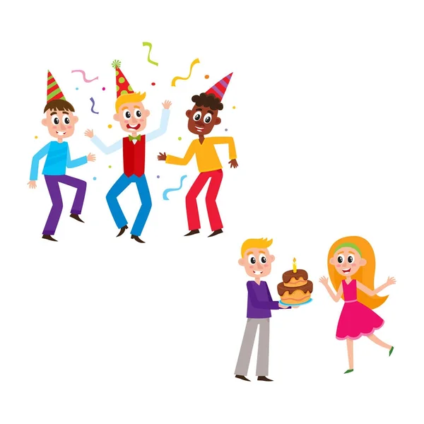 Amigos dançando, menino dando bolo de aniversário para menina — Vetor de Stock
