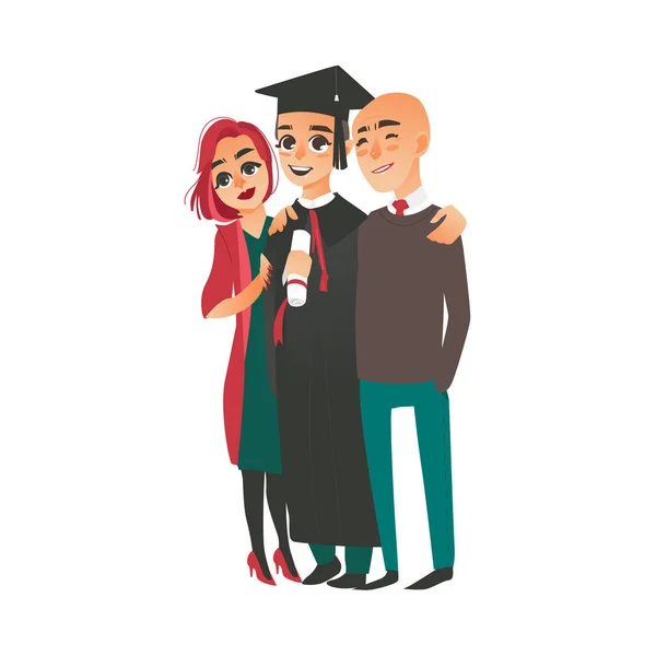 Выпускник в кепке, платье с гордыми родителями — стоковый вектор