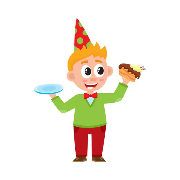 Комічний портрет смішного хлопчика, який їсть торт на день народження — стоковий вектор