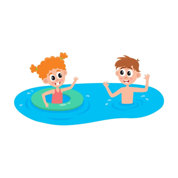 Vector de niños planos en anillos inflables en la piscina — Vector de stock