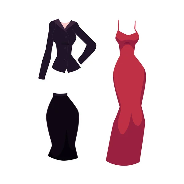 Vector de dibujos animados traje de oficina mujer y vestido de noche — Vector de stock