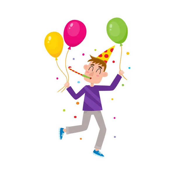 Vecteur plat homme en chapeau de fête sifflet ballon à air — Image vectorielle