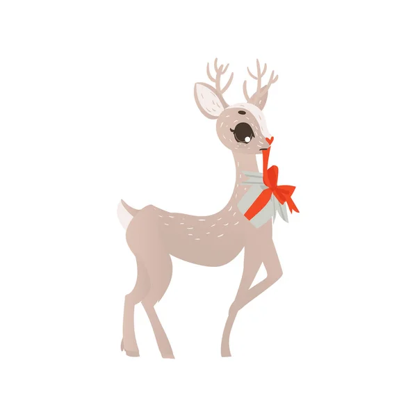 Vector flat christmas reindeer holding present box — Stock Vector
