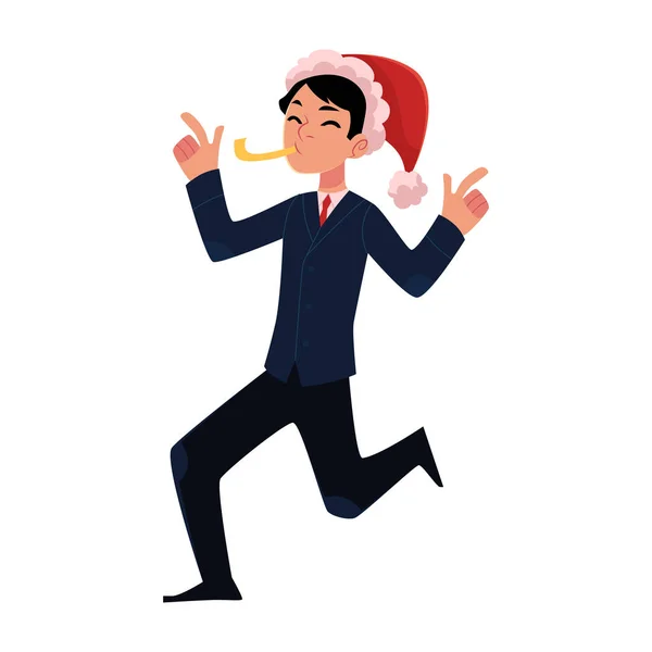 企業のクリスマス パーティー、笛を吹くサンタ クロースの帽子の男 — ストックベクタ