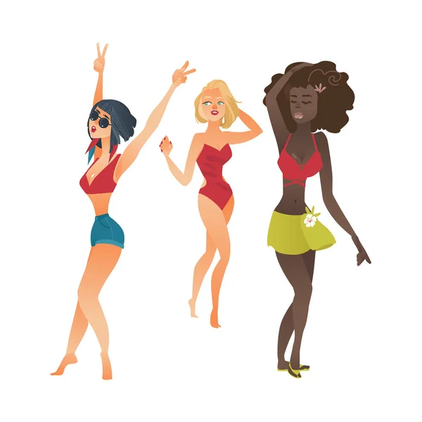 Ευτυχισμένος γυναίκες, κορίτσια που χορεύουν στην παραλία το καλοκαίρι κόμμα — Διανυσματικό Αρχείο
