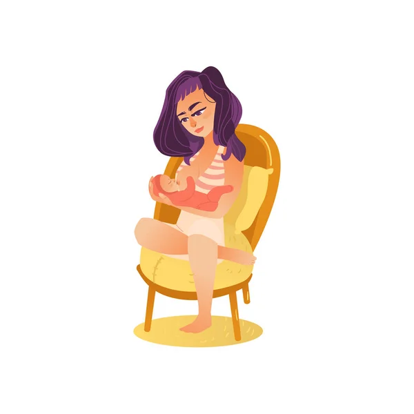 Vector flat girl sitting at chair with infant baby — стоковый вектор