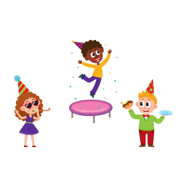 Kinderen springen, fluit blazen, eten verjaardagstaart — Stockvector