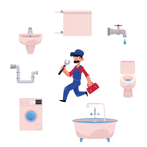 Vecteur plombier homme, outils de plomberie — Image vectorielle