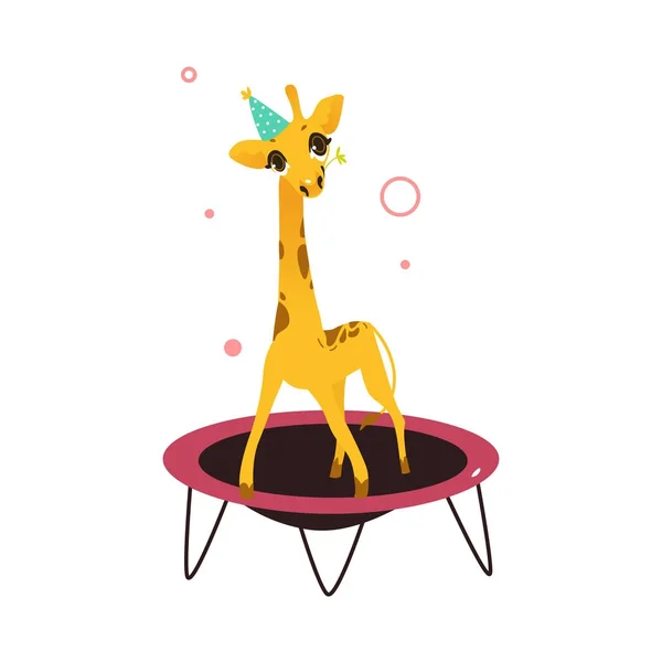 Vector jirafa plana saltando sobre trampolín — Vector de stock