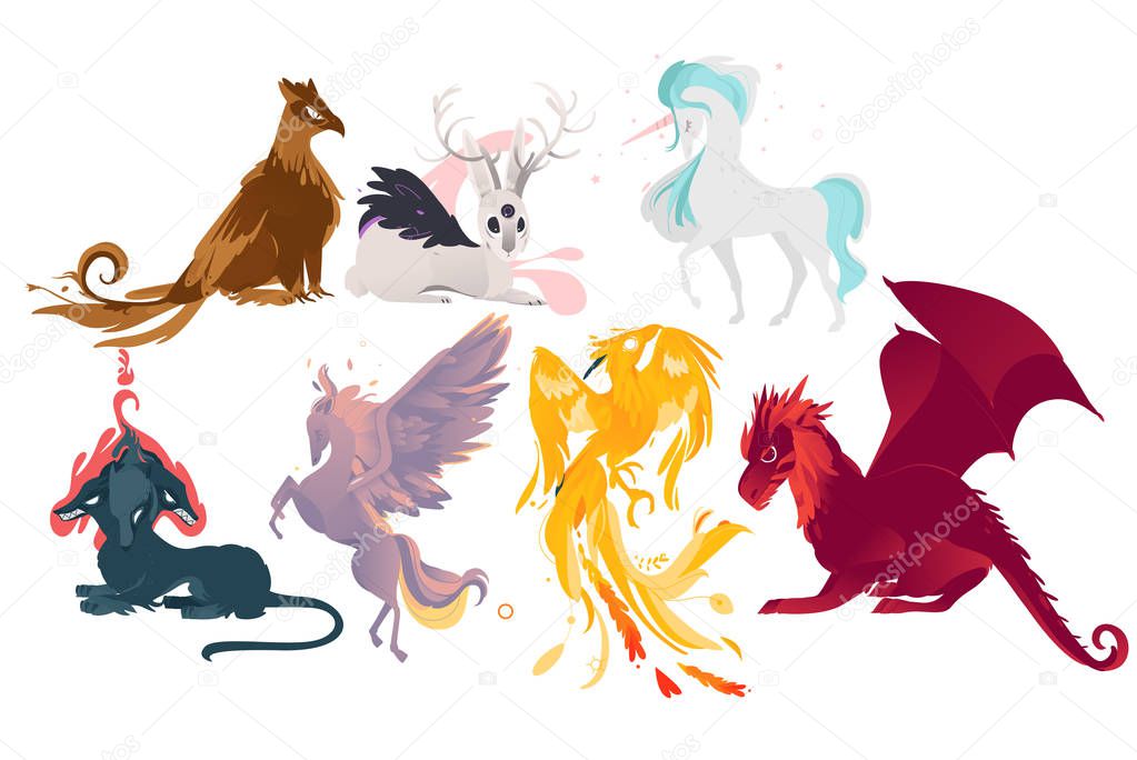Set of mythical, mythological creates and animals