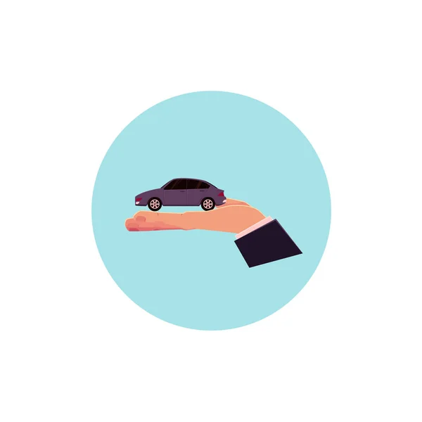 Vector flat hand holding car icon — Stock Vector
