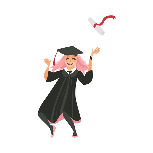 Lány a kalappal és ruha diploma veti fel — Stock Vector