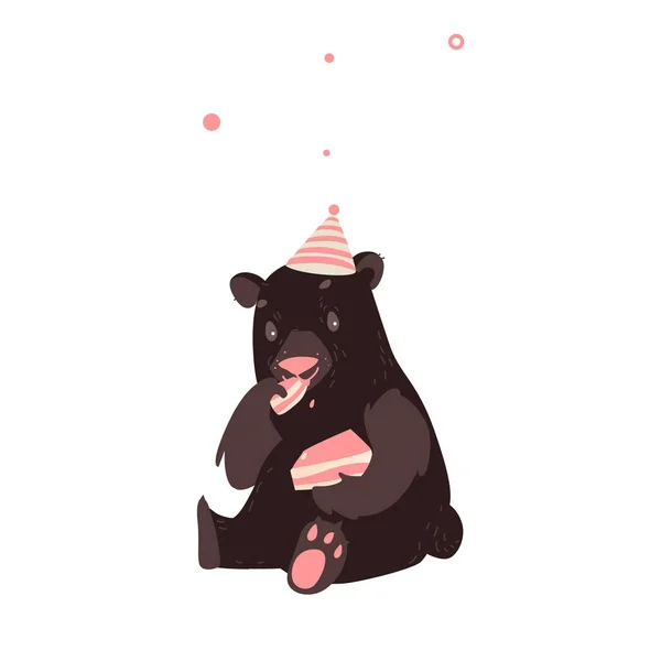 Ours en chapeau de fête assis et manger gâteau d'anniversaire — Image vectorielle