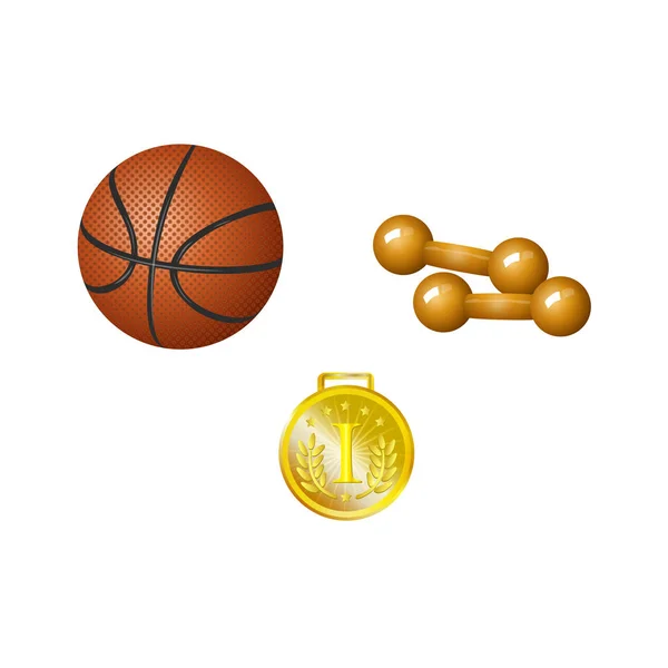 バスケット ボール、ダンベル、黄金メダルのセット — ストックベクタ