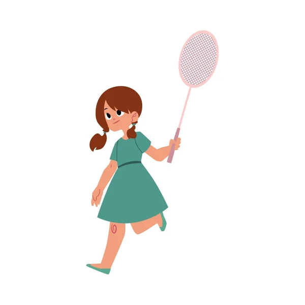 Menina bonita no vestido de verão jogando badminton —  Vetores de Stock