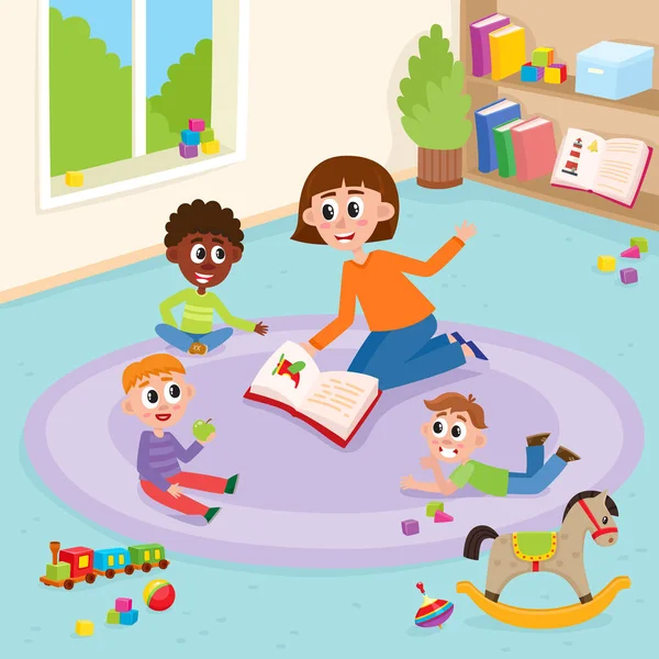 Vektor flache Jungen und Mädchen spielen im Kindergarten — Stockvektor