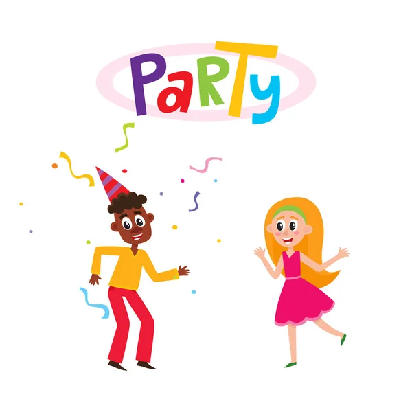 Vecteur plat homme et fille dansant en chapeau de fête — Image vectorielle