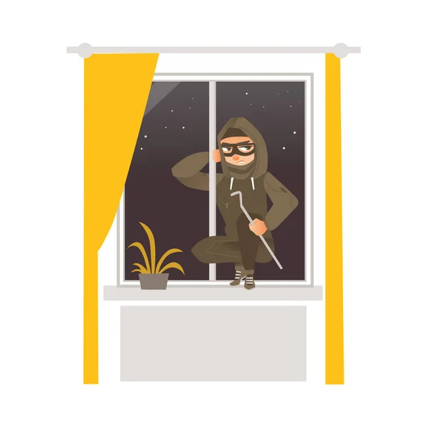 Ladrón en máscara irrumpiendo en casa a través de la ventana — Vector de stock