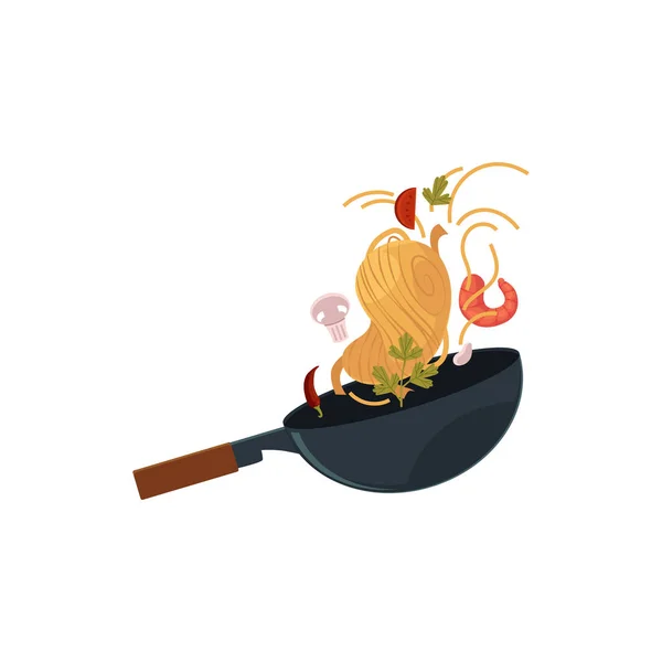 Vetor plana asiática wok com ingredientes voadores — Vetor de Stock