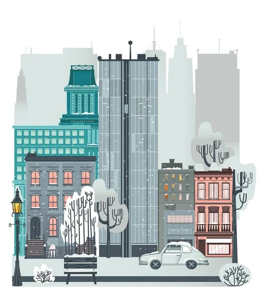 平的城市冬天场面, 摩天大楼, 房子, 路 — 图库矢量图片