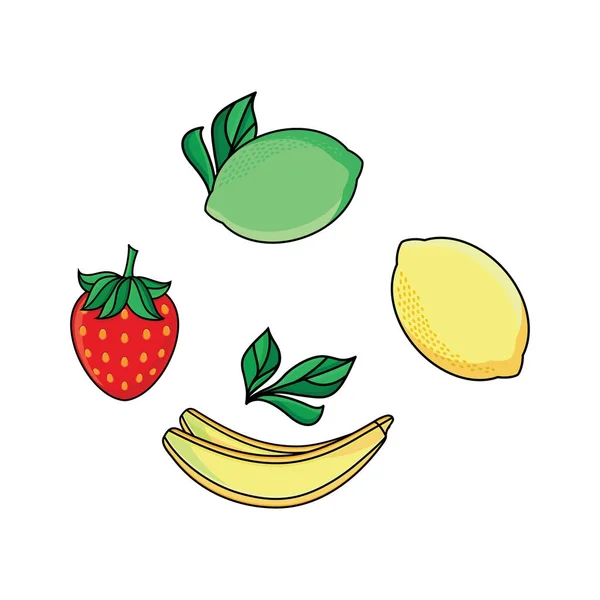 Flaches Set mit Zitronen, Limetten, Erdbeeren und Bananen — Stockvektor