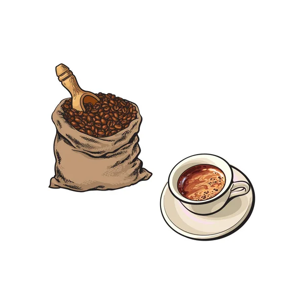 Sacchetto di chicchi di caffè vettore e tazza di caffè — Vettoriale Stock