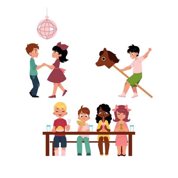 Niños bailando, comiendo y jugando con caballo palo — Vector de stock