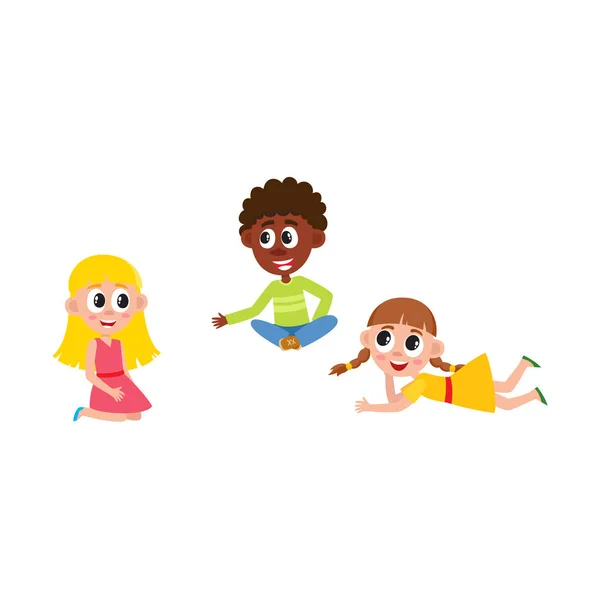 Vektor plochý chlapce a dívky, sedící, ležící na podlaze — Stockový vektor