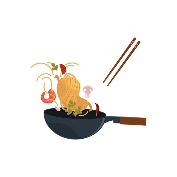 Vector plat Aziatische wok met vliegende ingrediënten — Stockvector