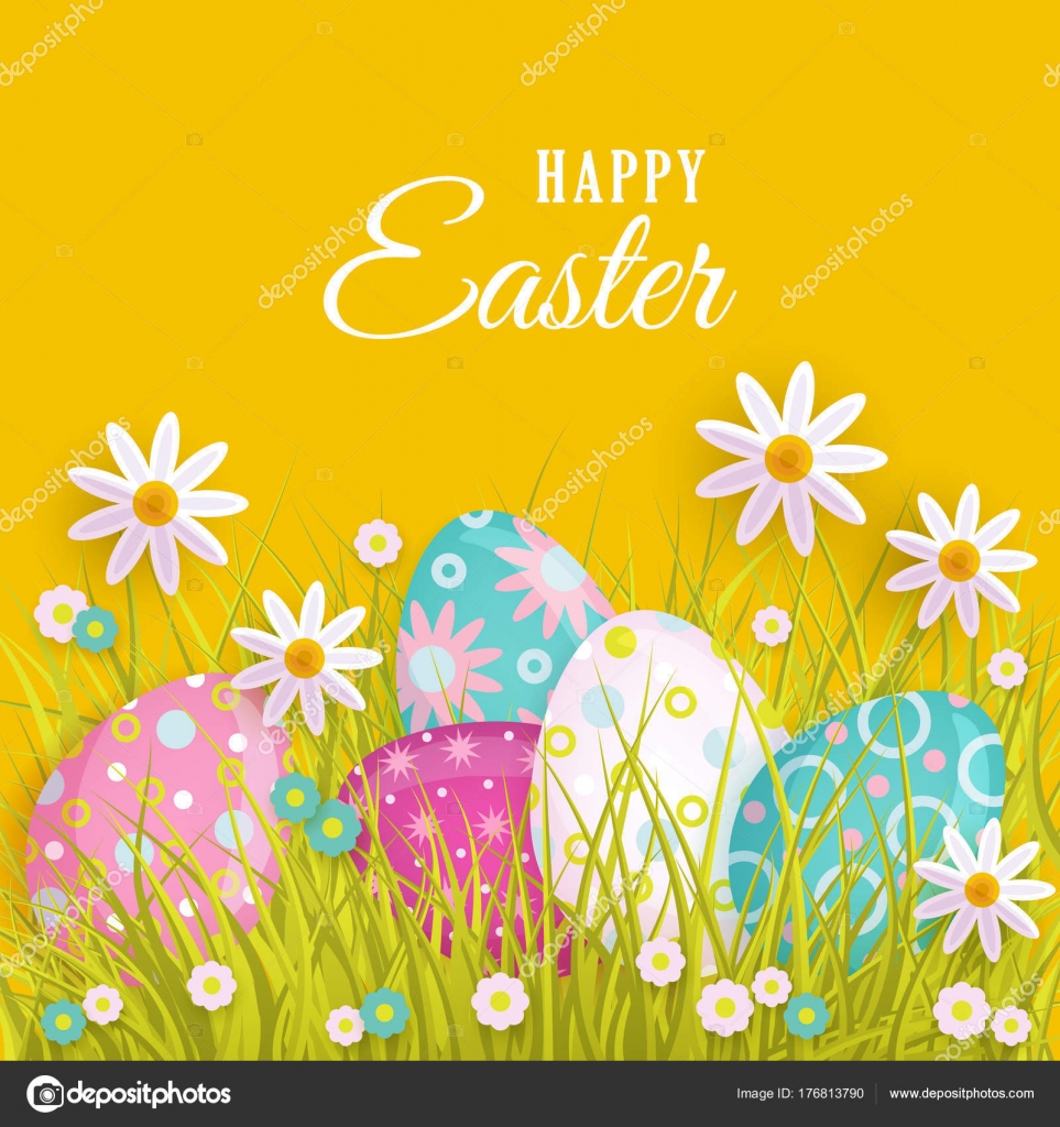 manifesto della sorgente di Pasqua con le uova i fiori di vettore modello di sfondo della ban ra con elementi festa di primavera uova decorate fiori della Margherita e dell erba verde per il vostro disegno