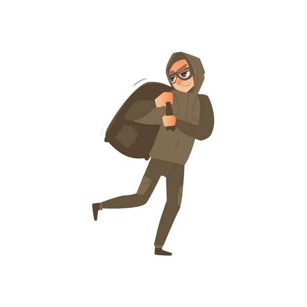 Ladrón, ladrón enmascarado huye con bolsa de botín — Vector de stock