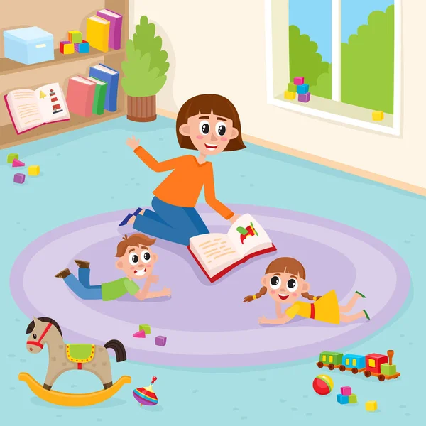 Wektor płaskie chłopiec, dziewczynka i nauczyciel, leżąc na dywanie — Wektor stockowy