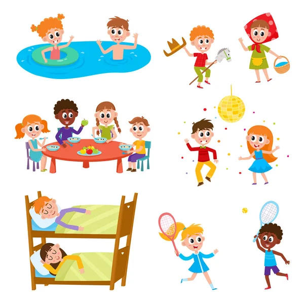 Cartoon set of kids on vacation in summer camp — Stock Vector