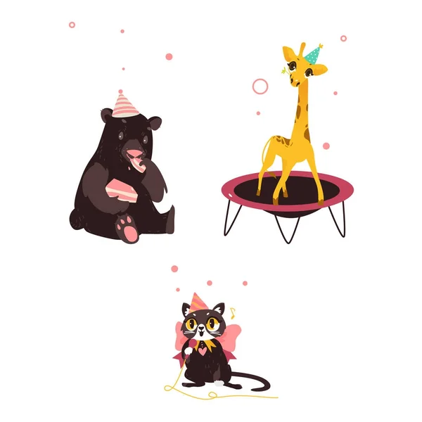 Niedźwiedź, kot i żyrafa na urodziny — Wektor stockowy