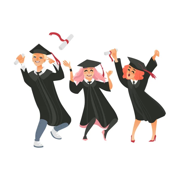 Gaduates en gorra y vestido de lanzar diplomas hasta — Archivo Imágenes Vectoriales