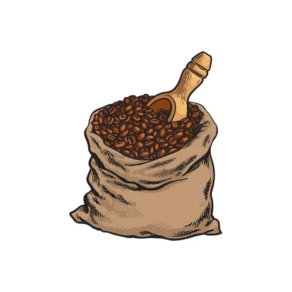Τσάντα του φρυγμένους κόκκους καφέ με ένα ξύλινο φτυάρι — Διανυσματικό Αρχείο