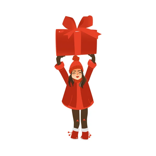 巨大なクリスマス プレゼントを持って笑顔の十代の少女 — ストックベクタ