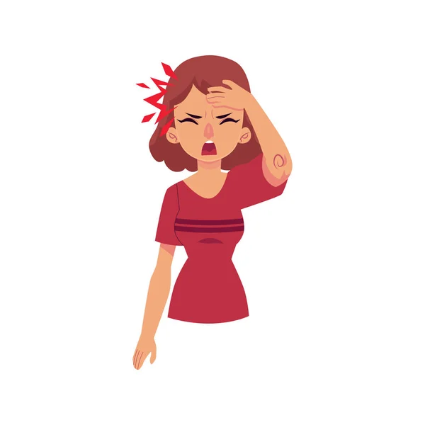 Mädchen, Frau mit Kopfschmerzen, Migräne, Schmerz — Stockvektor