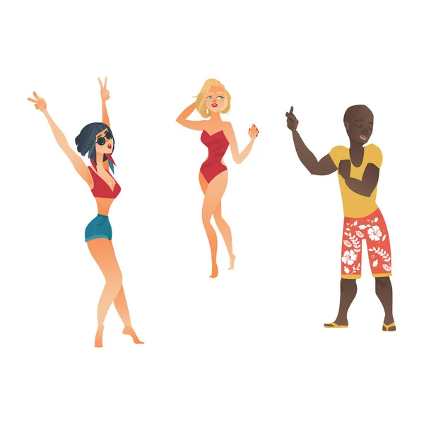 Dessin animé vectoriel personnes dansant à la plage ensemble de fête — Image vectorielle