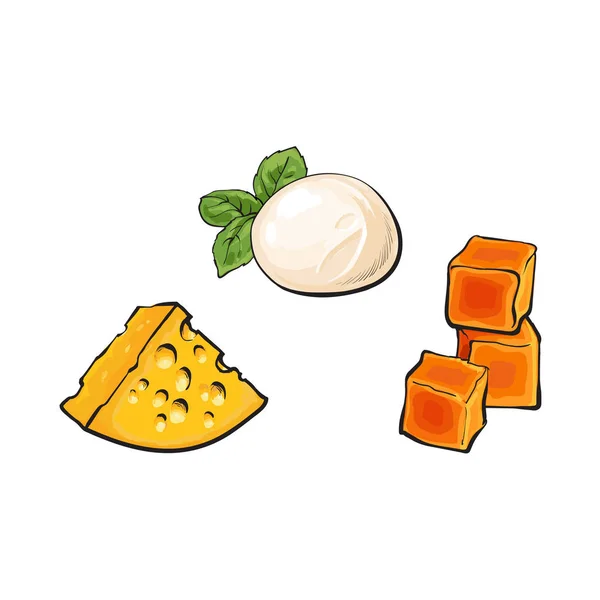 Vetor esboço mussarela, cheddar, queijo emmental —  Vetores de Stock