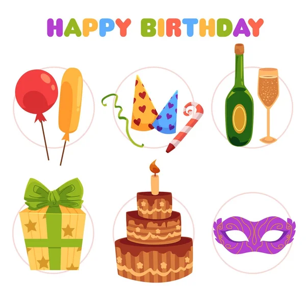 Dibujos animados conjunto de artículos de fiesta de cumpleaños, decoraciones — Vector de stock