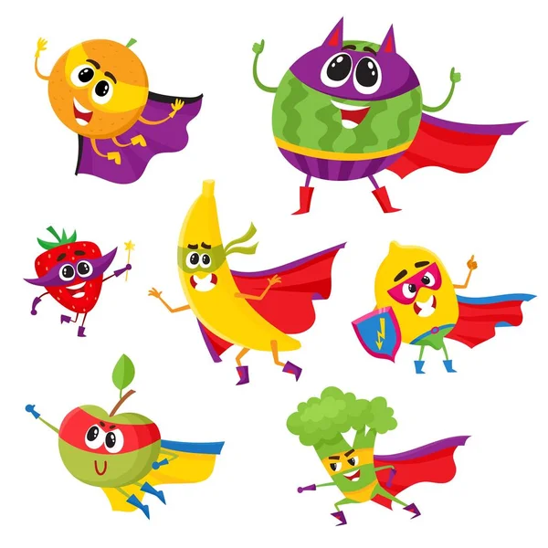 Conjunto de héroe de frutas y bayas, personajes de superhéroes — Archivo Imágenes Vectoriales