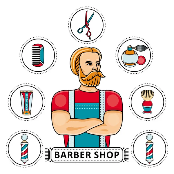 Barbearia desenhada à mão com barbeiro e ferramentas —  Vetores de Stock